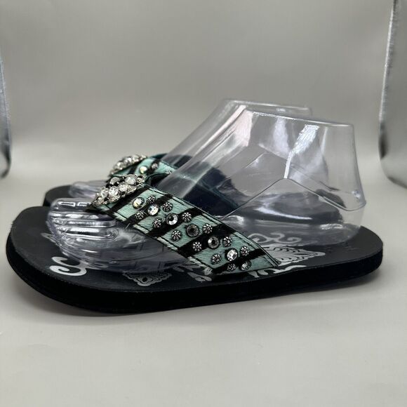 Cowgirl Jewels Rhinestone Turquoise Black Leather Flip Flop Sandals Size 8 - Picture 2 of 9